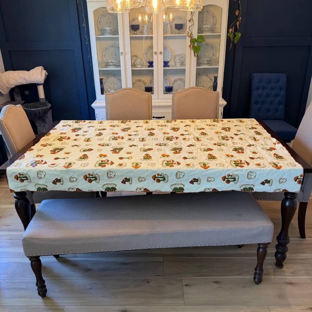 Vintage Mushroom Print Tablecloth Retro 70s Orange Green Cottagecore 67x53 Flaw
